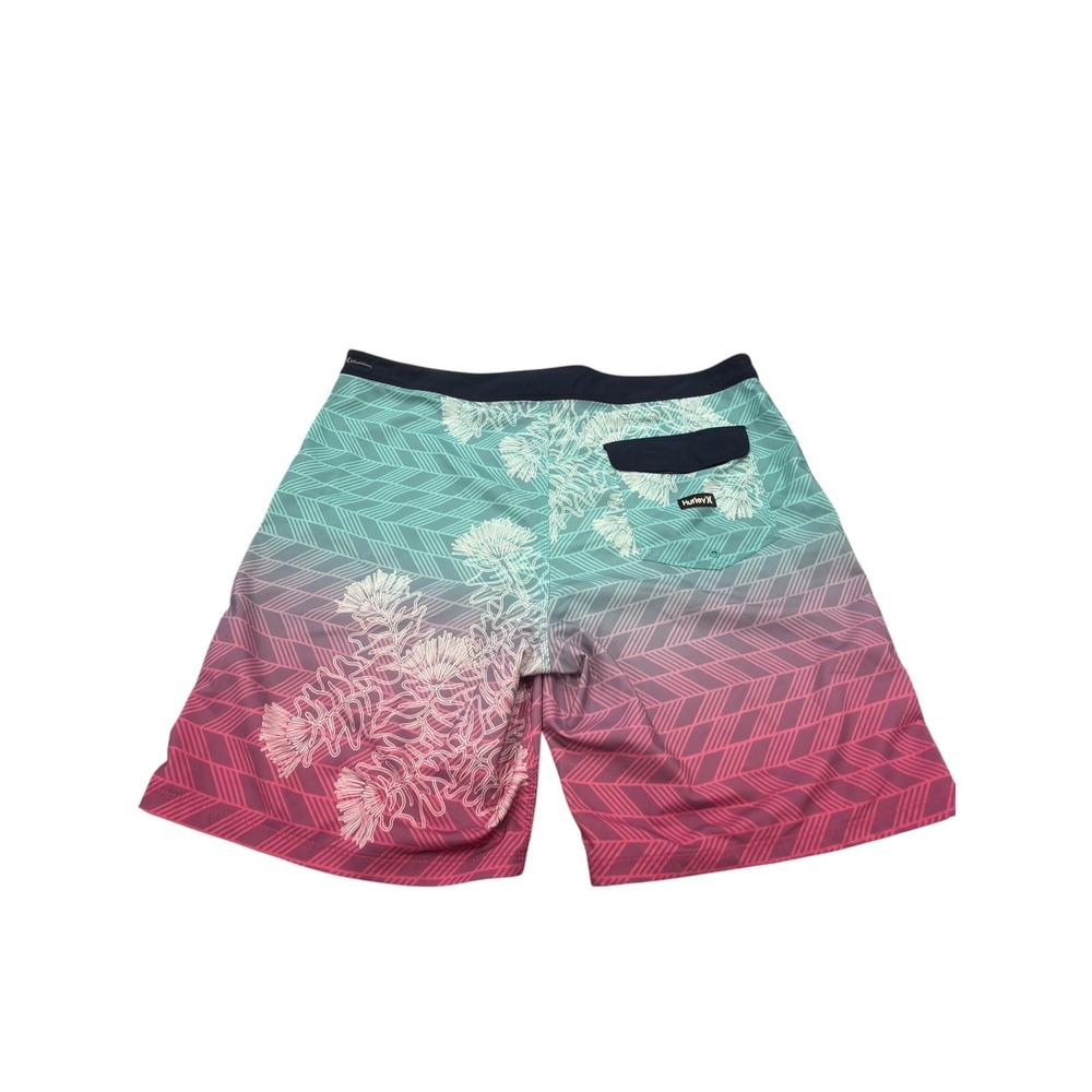 Hurley Board Shorts Mens 36 Teal Magenta Ombre Chevron Floral Surf Trunks - Picture 10 of 14